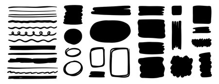 doodle shape rough and hand drawn rectangle grunge brush texture set. line button and circle frames. round sketch banner and bordersのイラスト素材