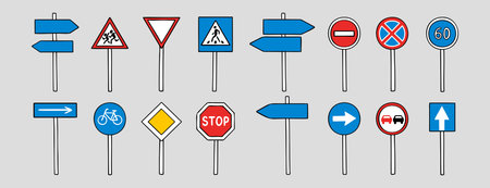 Road signs with up, down, left, right doodle hand drawn icon set. Outline drawing road signs line clipart symbol collectionのイラスト素材
