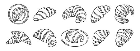 croissant doodle hand drawn icon set. Outline drawing croissant french breakfast line clipart symbol collectionのイラスト素材