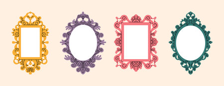 vintage decorative frames or borders. mirror different shapes. photo frames retro design. elegant style. hand drawn trendy elementsのイラスト素材