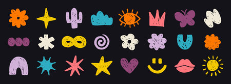 Abstract doodle colorful shapes. Chalk cute various modern kids hand drawn elements set. hearts, clouds, stars, flowers, eye, star stickersのイラスト素材