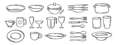 dishes dinnerware doodle hand drawn icon set. Plate, glass and cup, mug, bowl. Outline drawing tableware for kitchen line clipart symbol collectionのイラスト素材