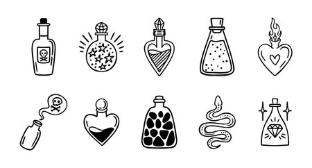 Potion bottles set, poisons, love potions, sparkles, monochrome line art hand drawn styleのイラスト素材