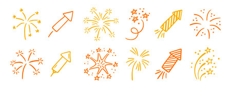 Hand drawn fireworks doodle set celebration line art designのイラスト素材