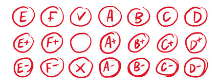 Hand drawn school grade circles red marks set educational designのイラスト素材