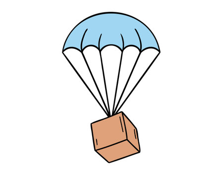 Parachute package cargo delivery icon doodle hand drawn. Cartoon colorful parachute package line drawing clipart symbolのイラスト素材