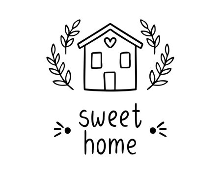 Home sweet home cute handwritten doodle lettering phrase or quote. message saying text. Hand drawn print clipart.のイラスト素材