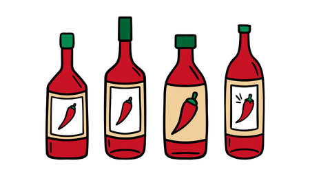 Hot pepper sauce red bottle doodle hand drawn icon set. Outline drawing line clipart symbol collectionのイラスト素材