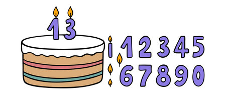 Cartoon colorful kids birthday cake with numbers template drawing doodle style. Birthday cake, burning candles and numbers. Celebration and cake decoration.のイラスト素材