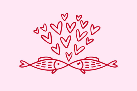two kissing fish and hearts floating like bubbles. Doodle hand drawn outline characters fish kiss love icon. Valentines Day or greeting cards, prints and stickersのイラスト素材