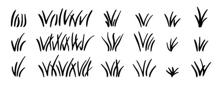 Doodle bunch of grass. Hand drawn lawn bush of grass icon hand drawn set. Outline grass line drawing clipart symbol collectionのイラスト素材