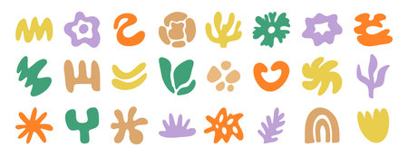 abstract organic shapes kit set, irregular hand drawn doodle organic shapes and liquid form. Plant nature liquid random boho setのイラスト素材