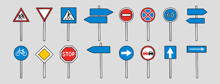 Road signs with up, down, left, right doodle hand drawn icon set. Outline drawing road signs line clipart symbol collectionのイラスト素材