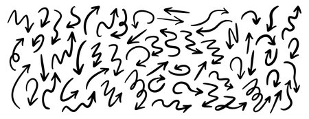 Hand drawn vector arrows doodle set on white background. dynamic arrows elementのイラスト素材