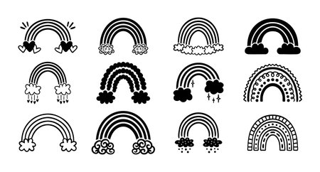 monochrome rainbow icon black set, flat cartoon hand drawn cute rainbow style. Rainbows with clouds hand drawn elements collection.のイラスト素材