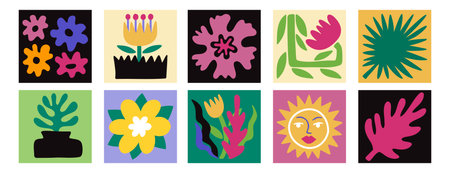Abstract modern botanical flower composition poster set. matisse style nature square boho plants elementsのイラスト素材