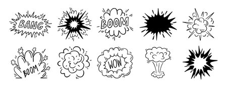 Bomb explosion or Comic explosion boom doodle hand drawn icon set. Outline drawing smoke cloud and...