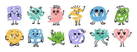 Abstract funny scribble characters different emotions and faces. Cute doodle hand drawn characters...
