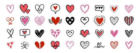 doodle and sketch pink, red heart shape icon set. romantic heart symbol. Hand drawn wedding and...