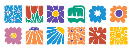 hand drawn poster abstract flowers groovy retro style. floral square botanical icon. freehand naive...