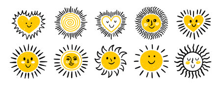 cute sun clipart, hand drawn sun heart colorful happy set, yellow and orange smiling sun, emotion happy facesのイラスト素材