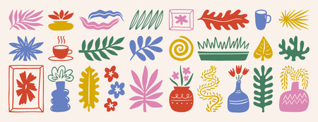 leaf plant floral abstract matisse style shapes set. Hand drawn silhouette branches, blobs, flowers. Contemporary doodle artのイラスト素材