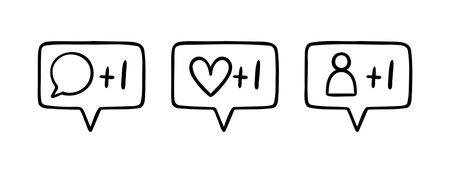 follower notification for Social media network signs. Icon comment, like, follower doodle hand drawn icon. Outline drawing line clipart symbolのイラスト素材