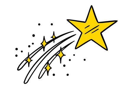 Flying yellow star doodle hand drawn icon set. Outline drawing flying shining gold star line clipart symbolのイラスト素材