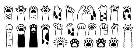 Paw doodle. cute cats paws hand drawn icon set. Outline drawing paws pet line clipart symbol collectionのイラスト素材