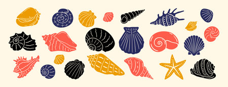 Sea shell, sink cartoon set. seashell aquatic mollusk doodle hand drawn icon set. Outline drawing line clipart symbol collectionのイラスト素材