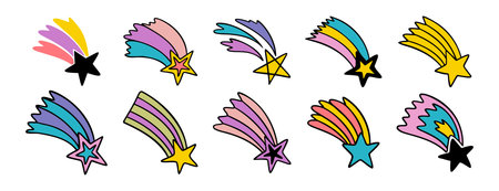 falling stars hand drawn cartoon doodle isolated on white background cartoon set. Making a wish line...