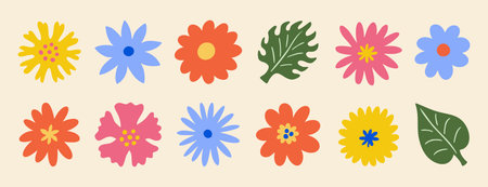Naive daisy flowers clipart set with top view blooms and leaves. Hand drawn.のイラスト素材