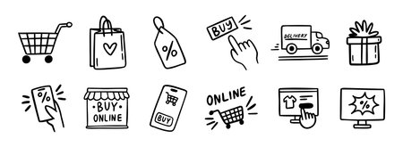 e-commerce online shopping doodle hand drawn icon set. Outline drawing e-commerce online shopping line clipart symbol collectionのイラスト素材