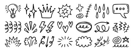 Set of random doodle sketch elements, decorative hand drawn icons for creative designのイラスト素材