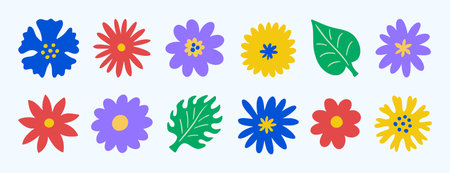 Naive daisy flowers clipart set with top view blooms and leaves. Hand drawn.のイラスト素材