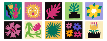 Abstract modern botanical flower composition poster set. matisse style nature square boho plants...