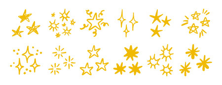 Hand drawn stars and sparkles doodle set simple decorative designのイラスト素材