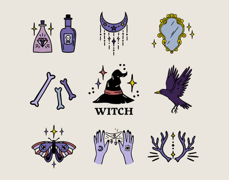 Witch Halloween set antlers and mirror, raven and bones, witch hat and moon, thread hands and jars, moth violet yellow beige palette, hand drawnのイラスト素材