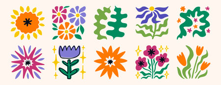 Creative flower poster style collection, bold colorful floral illustrations in square layoutのイラスト素材