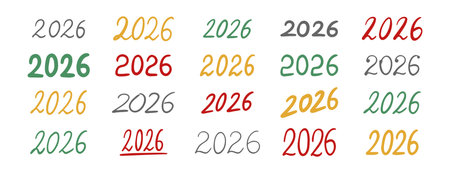 hand drawn doodle 2026 lettering text designs various styles and colors. 2026 New Year themes,...