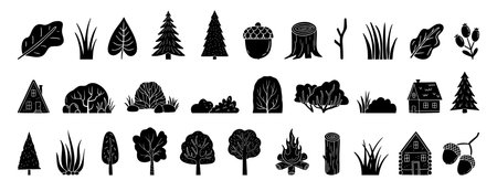Scandinavian boho forest silhouette isolated elements. mystical and elegant collection various plants forest. Trees, bush, grass, logs, leavesのイラスト素材