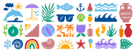retro groovy boho geometric summer surf beach or palm tree set. beach elements hand drawn cartoon...