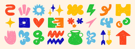 Cute abstract doodle shapes. Set of various modern kids hand drawn stars, hearts, clouds, flowers...