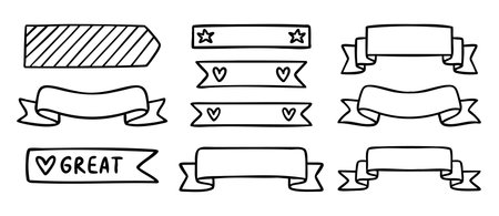 Folded ribbon banners for titles, planner labels, line art outline contour, monochrome, hand drawnのイラスト素材