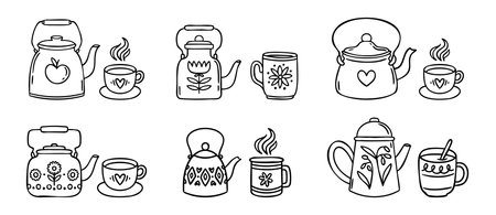 Cozy autumn doodle teapot and cup rustic village style, line art monochrome hand drawn outlineのイラスト素材