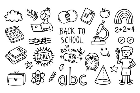 Back to School set, boy with magnifier, girl with laptop, ABC and exam, apple and microscope, rainbow and glasses, line art outline contour monochrome hand drawnのイラスト素材