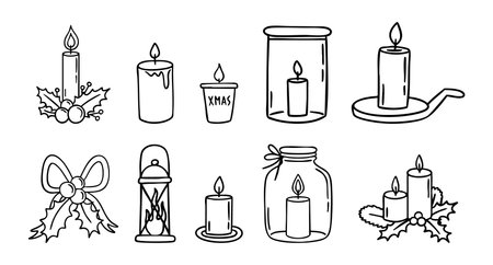 Christmas candles line art clipart set with holly and warm flames, monochrome collection, hand drawn.のイラスト素材