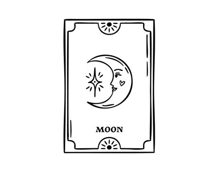 Tarot card moon with smiling face, dreamy celestial arcana, hand drawn, line art outline, hand drawnのイラスト素材