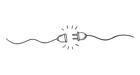 Plug inserting into electric outlet. Power socket disconnect doodle hand drawn icon. Outline drawing 404 error connection concept line clipart symbolのイラスト素材