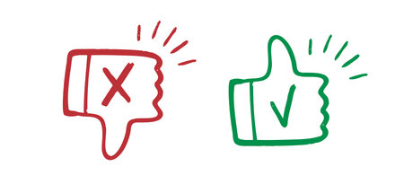 like and dislike hand drawn doodle icons. Thumbs up and thumbs down crayon chalk drawing vectorのイラスト素材